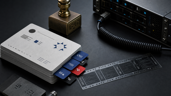 Physical task cards, permission tabs, an approval stamp, and a server module arranged as an agentic AI workflow control system.