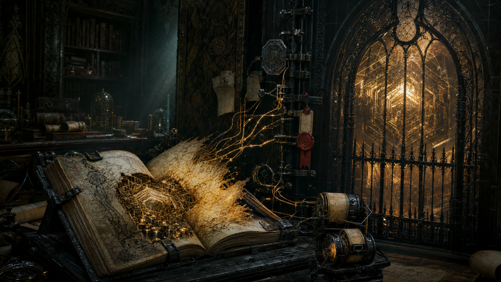 An illuminated fable book sends golden AI traces toward a locked gate in a dark archive.