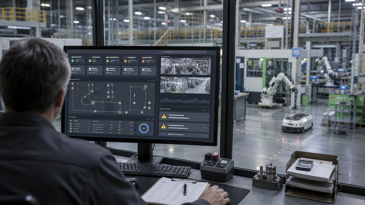 Factory control room monitors coordinate machines, inspection cameras, robot routes and alerts above a production floor.