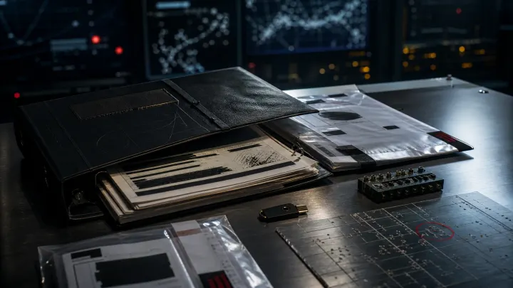 Open evidence binder, redacted evaluation reports, security key, and benchmark module on a dark AI governance review table.