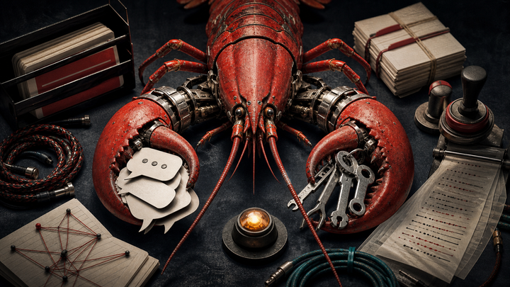 A red mechanical lobster grips chat bubbles and tool keys across an agent control desk.