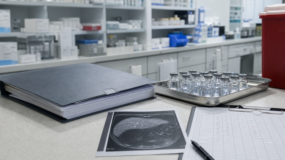 FDA approval papers, injection vials and a liver scan arranged on a clinical pharmacy counter.