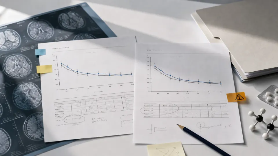 Clinical trial papers and a brain scan film beside two outcome lines that fail to separate.