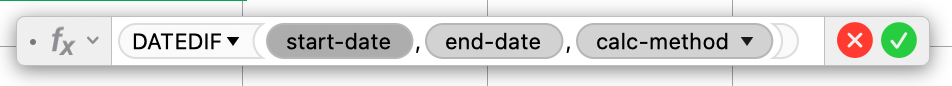The DATEDIF Function and it’s arguments in an Apple Numbers Spreadsheet