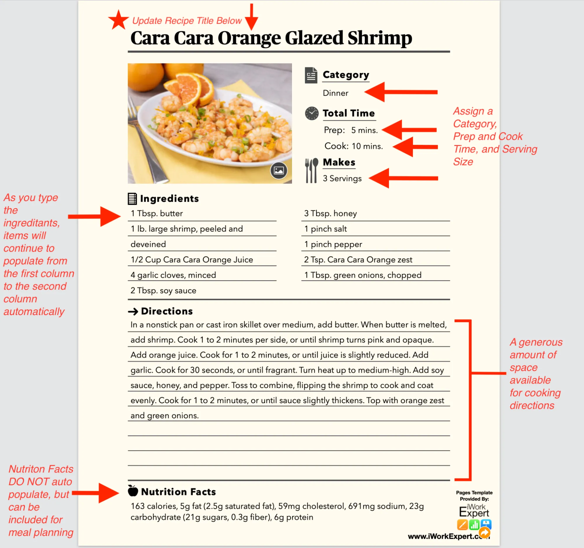a recipe card template made in pages with descriptions explaining the various sections within the template