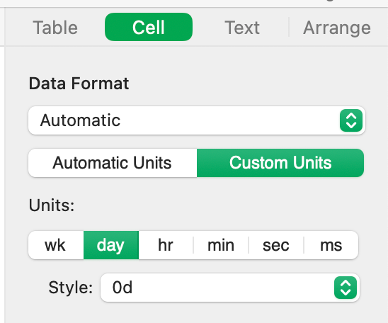 The various duration choices you can view your date differentials (right side panel)