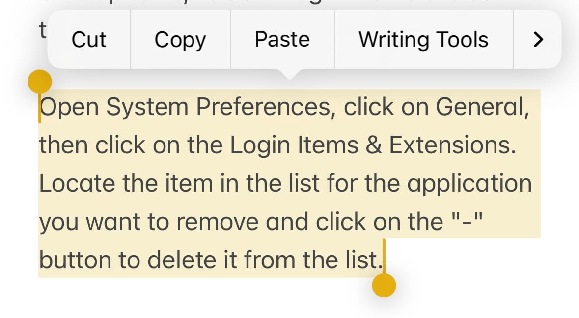 highlighted text on an iPhone with an appearing pop up menu
