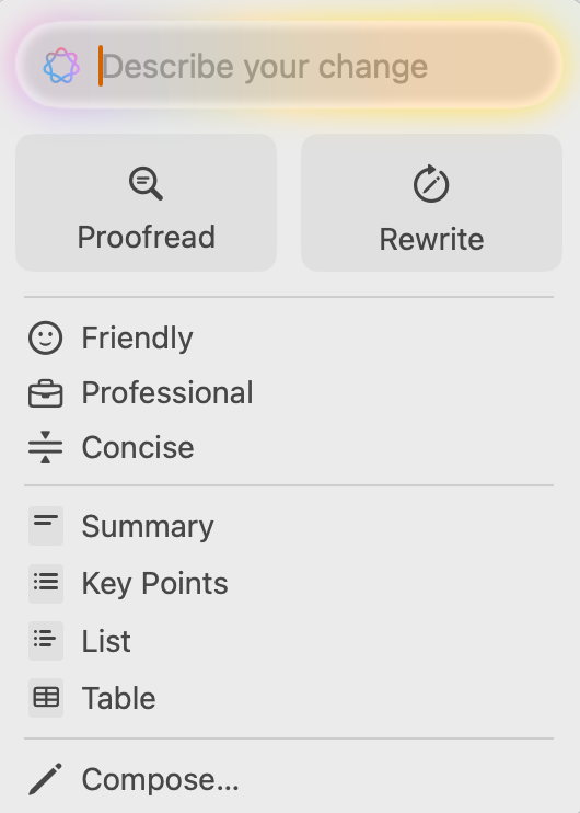 the menu for writing tools using apple intelligence on mac