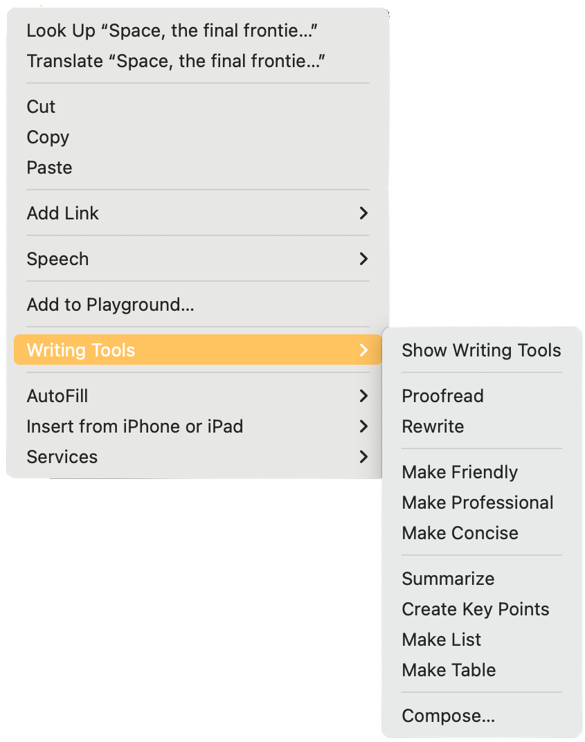 the pop up menu that appears when you right-click your highlighted text on mac