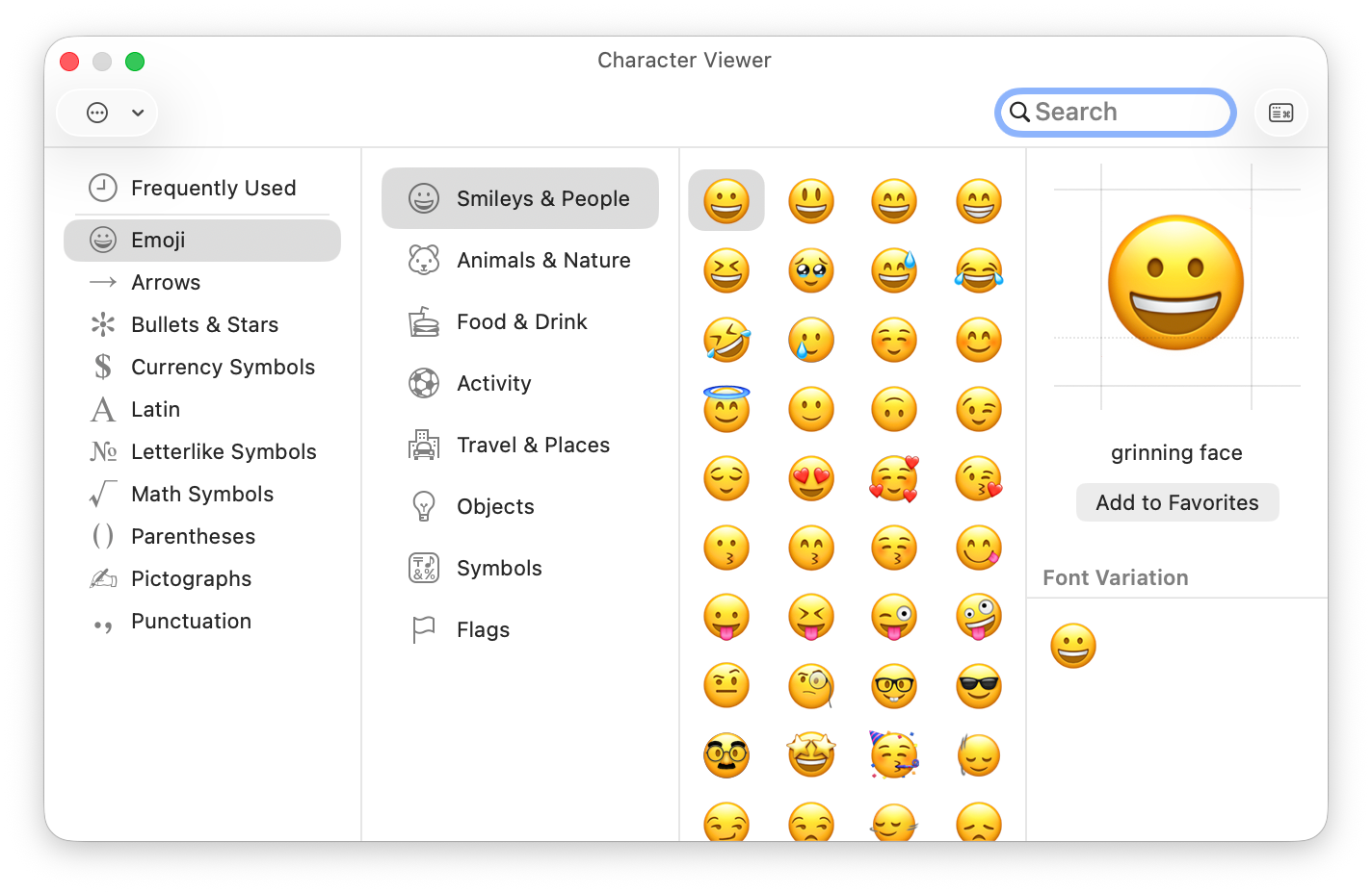 Mac Character Viewer open to the Emoji category, with a sidebar showing additional categories like Arrows, Math Symbols, and Currency Symbols.