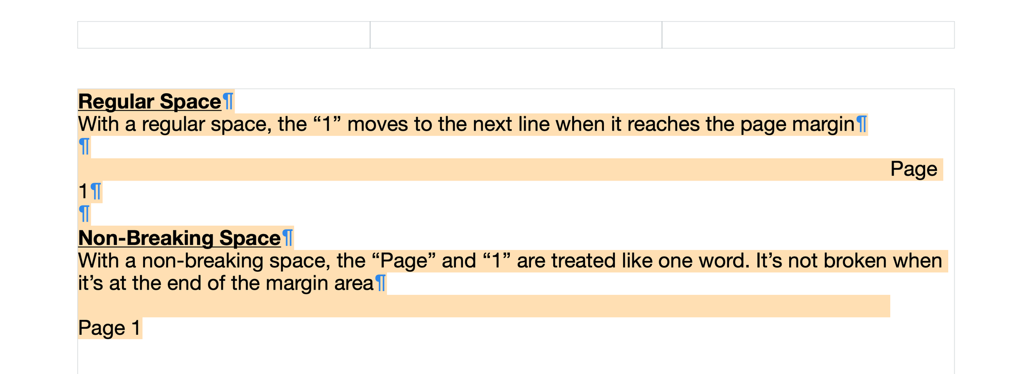 Comparison in Pages showing a regular space allowing "Page 1" to break across lines, versus a non-breaking space keeping "Page 1" together as one unit.