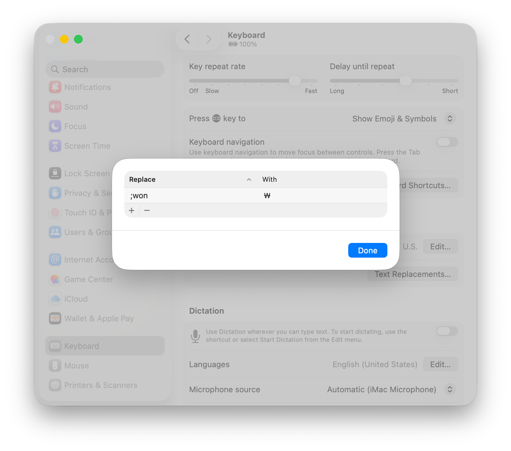 Mac Text Replacements dialog showing a custom shortcut, typing ;won, that inserts the Korean Won currency symbol.
