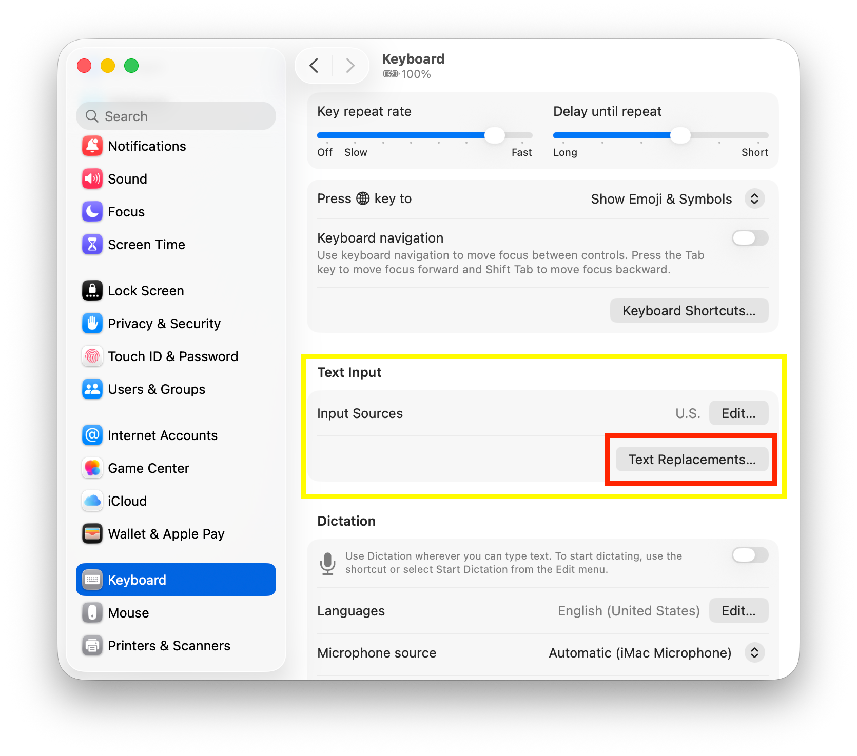 Navigating to Text Replacements in Mac System Settings to create a custom symbol shortcut.