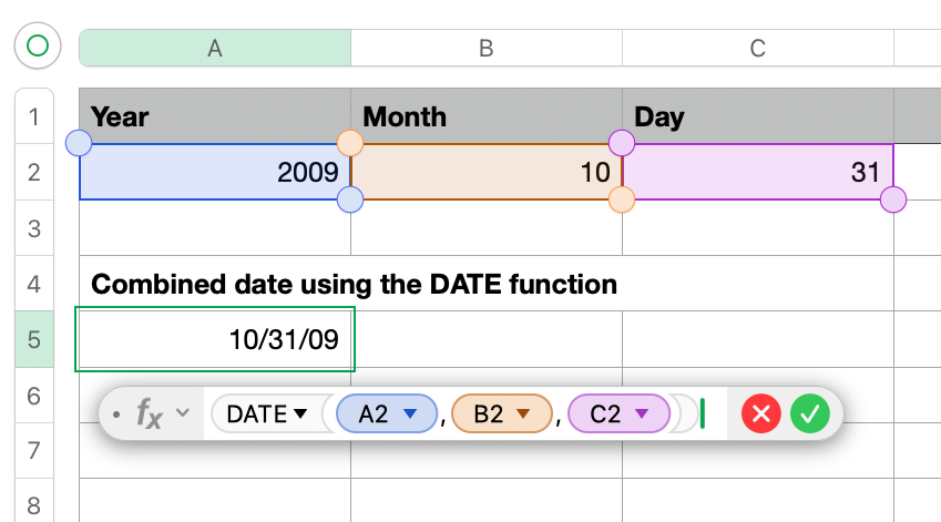 Numbers formula combining Year, Month, Day columns into one date using DATE(A2, B2, C2).