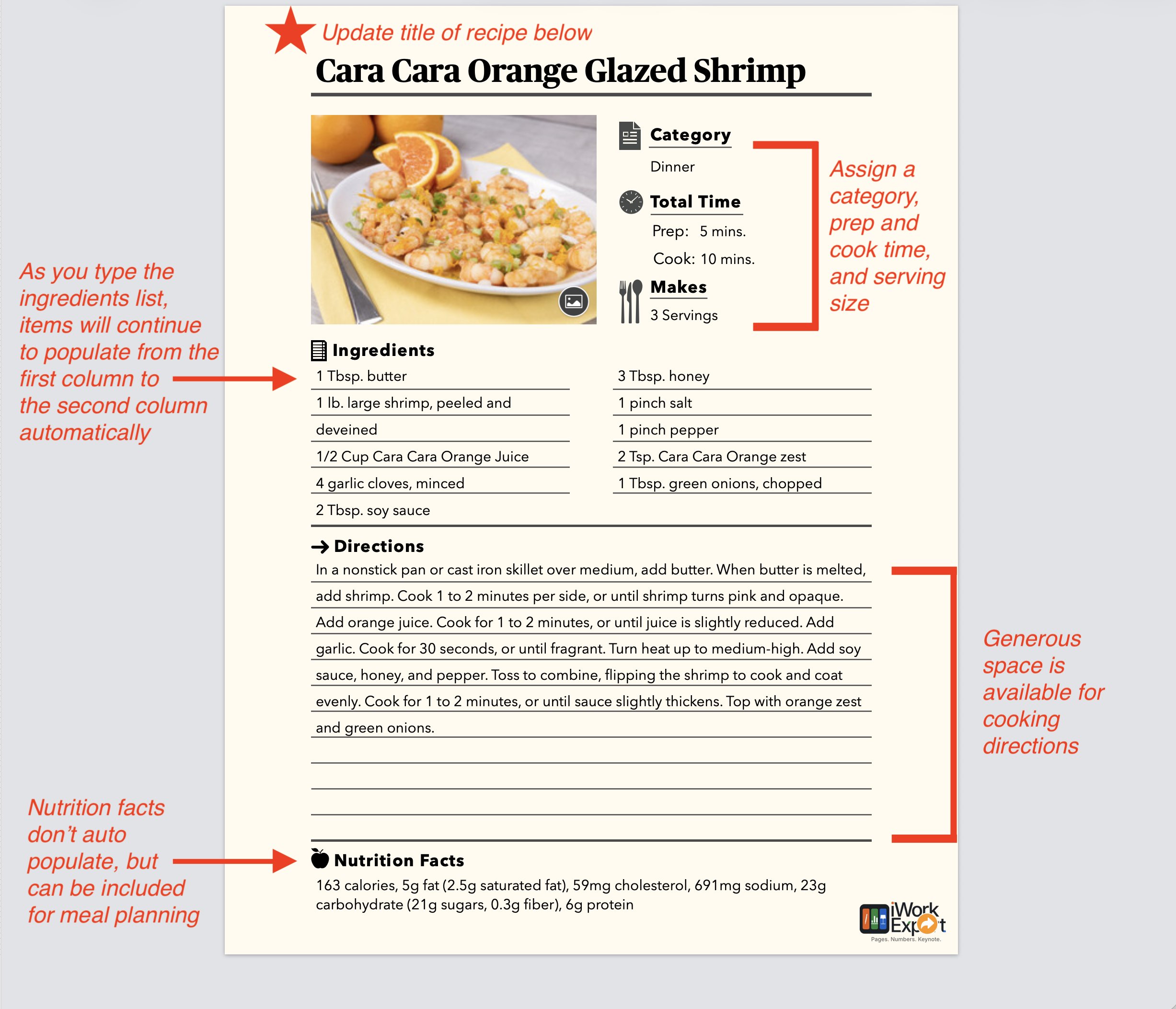 Pages recipe card template layout for an orange glazed shrimp recipe with labeled fields and sections.