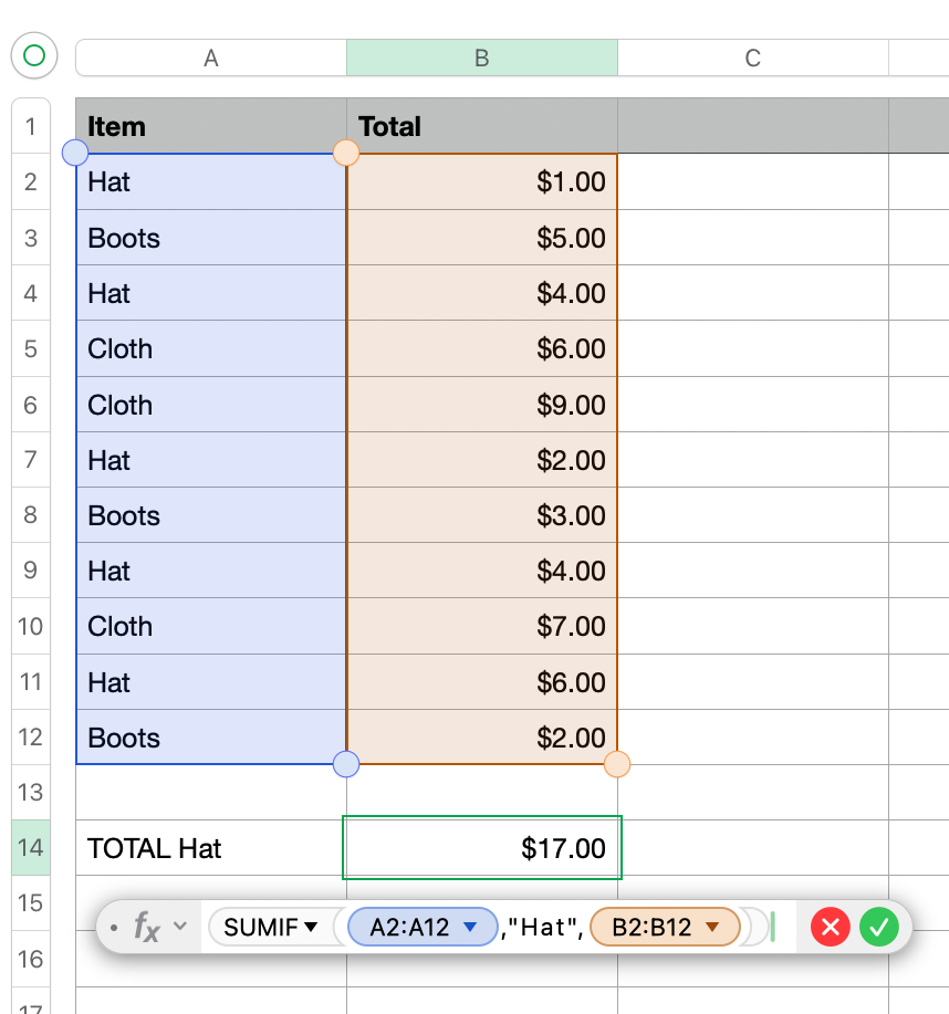 Numbers spreadsheet using SUMIF to total all "Hat" entries from a list of items and prices, returning $17.00.