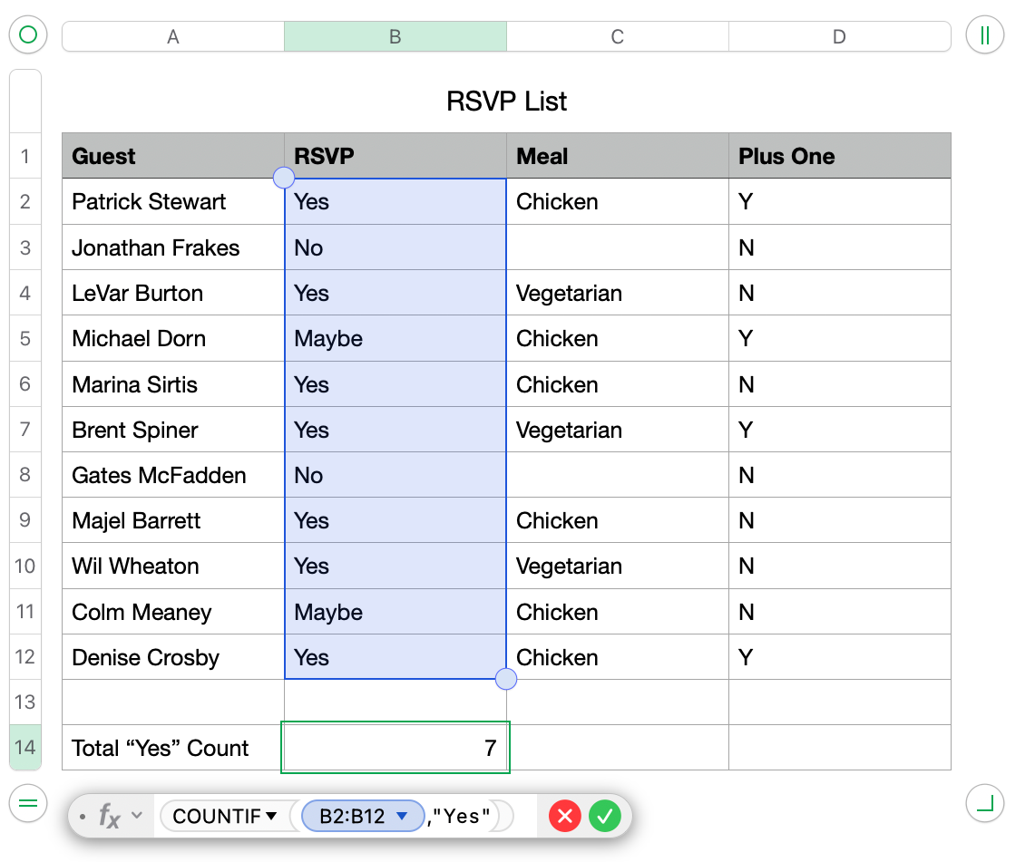 n Apple Numbers spreadsheet showing a highlighted cell range (B2:B12) under the RSVP column, with a COUNTIF formula bar at the bottom calculating a total of 7 "Yes" responses.