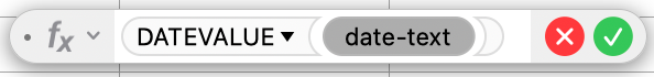 Numbers formula bar showing the DATEVALUE function with the date-text parameter.