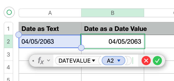 Numbers spreadsheet screenshot showing the formula DATEVALUE(A2) converting the text '04/05/2063' in column A into a date value in column B.