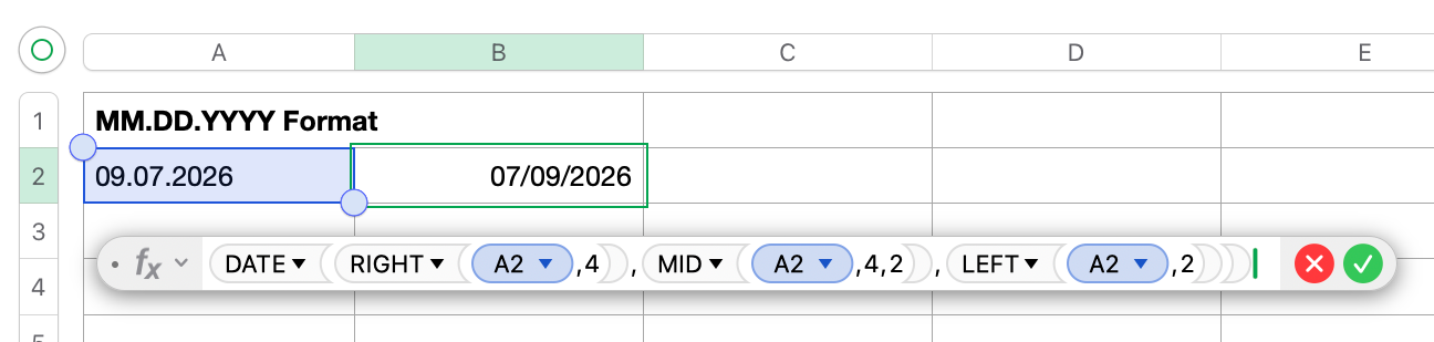 Numbers spreadsheet showing DATE(RIGHT(A2,4), MID(A2,4,2), LEFT(A2,2)) converting the text '09.07.2026' into the date value 07/09/2026.