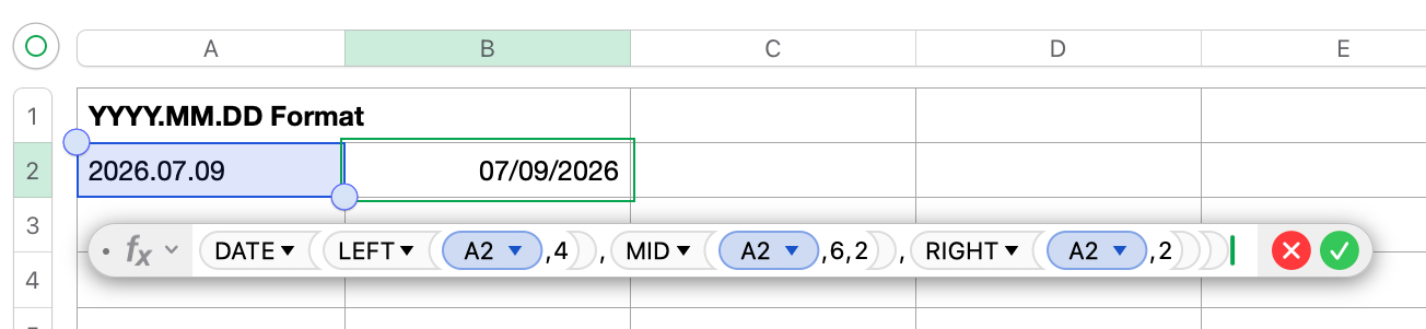 Numbers spreadsheet showing DATE(LEFT(A2,4), MID(A2,6,2), RIGHT(A2,2)) converting the text '2026.07.09' into the date value 07/09/2026.