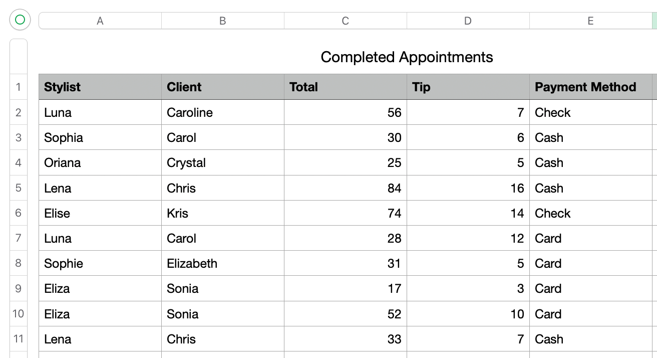 A table of completed appointments showing stylist, client, total charge, tip, and payment method for each visit, used to demonstrate SUMIF in spreadsheet tutorials.