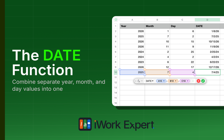 Spreadsheet showing the DATE function combining year, month, and day values in Apple Numbers