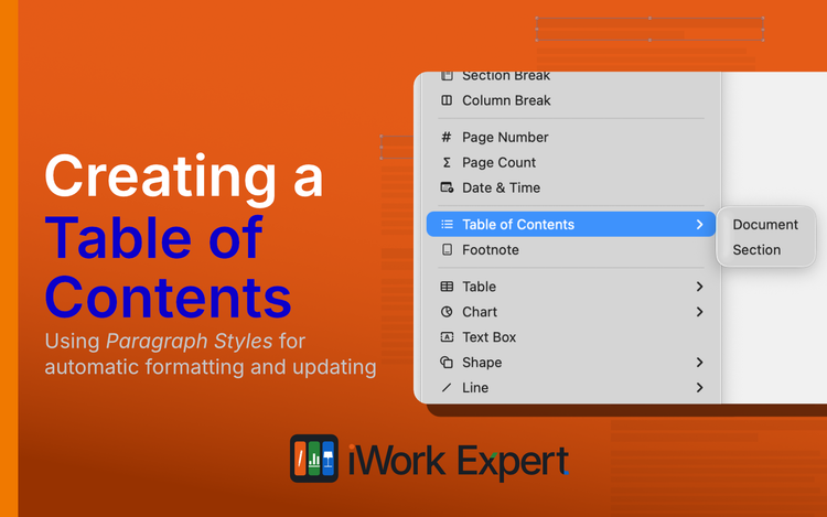 iWork Expert graphic for a Table of Contents tutorial, showing Pages' Insert menu with Table of Contents selected and Document/Section submenu options.