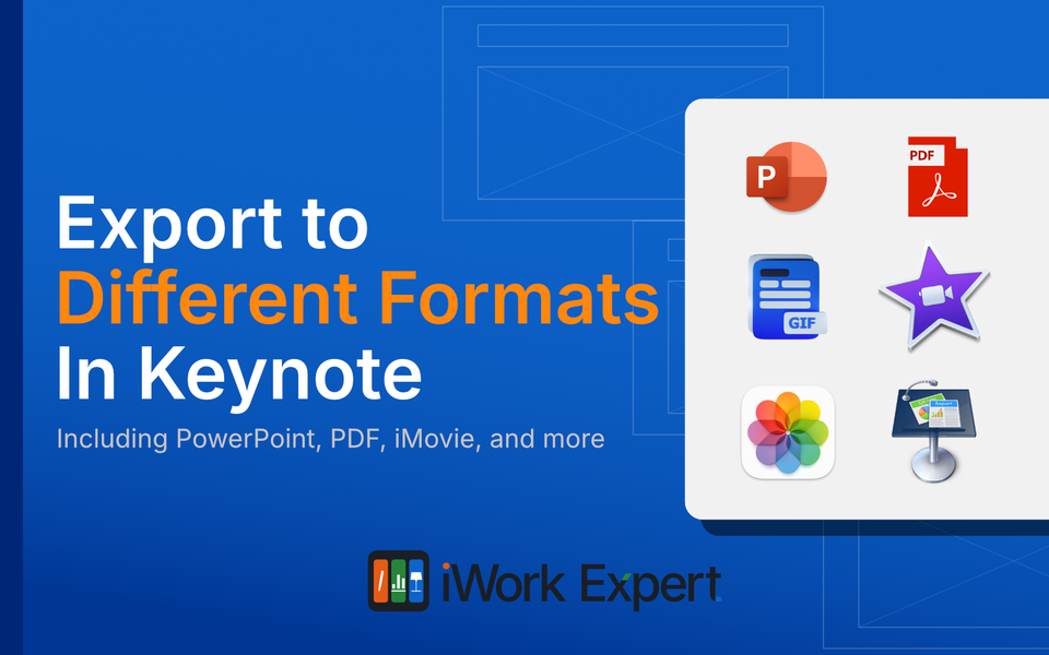 Keynote export options including PowerPoint, PDF, GIF, and iMovie icons on blue background