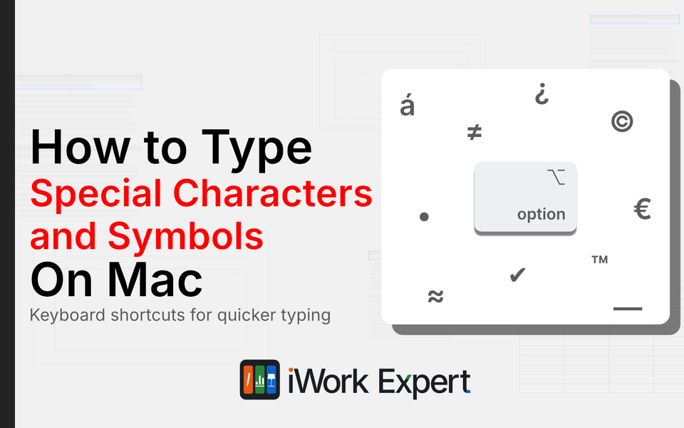 Mac Option key surrounded by special characters including accent marks, copyright symbol, euro sign, em dash, and checkmark, representing keyboard shortcuts.