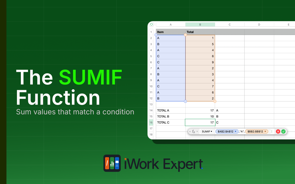 Numbers spreadsheet showing SUMIF formula calculating totals by category