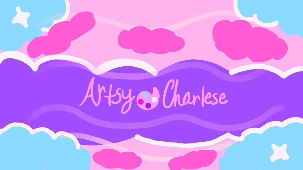 A bright pink, purple, and blue horizontal poster, with accents of white. The website name is written pastel pink.