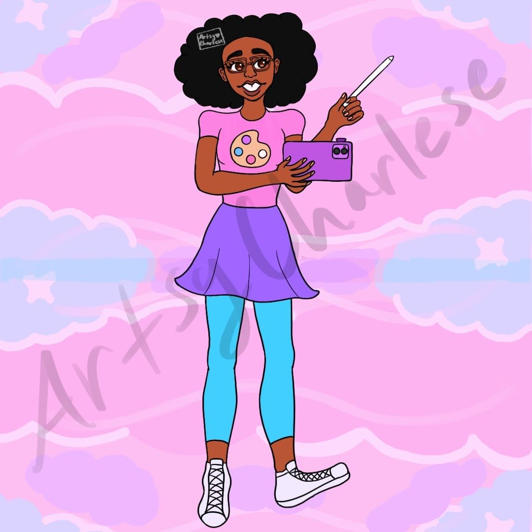 The background is a faded overlap of the site's poster, but with a brown-skin Black American girl with a curly fro. Her clothes are the color of the poster. She is holding an apple pencil.