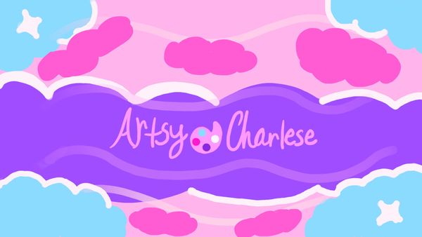 A bright pink, purple, and blue horizontal poster, with accents of white. The website name is written pastel pink.
