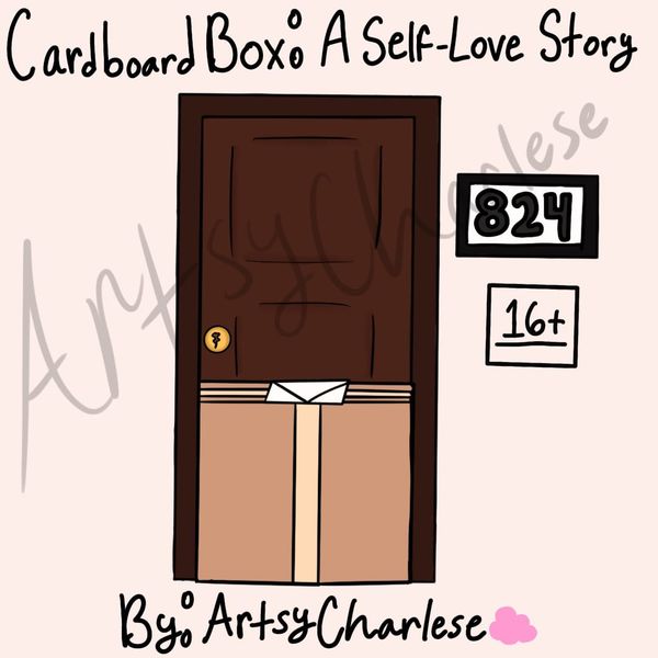 A light brown cardboard box with a white envelope atop it is placed in front of a dark brown door. The rating for this comic strip is 16+.