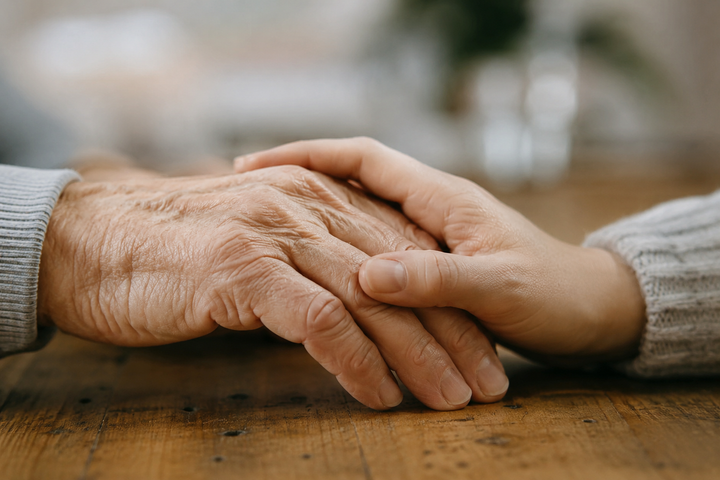 Close-up of two people holding hands across a wooden table—an older hand gently resting in a younger one, conveying recognition, safety, and connection.