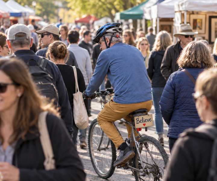 An older man riding a bicycle through a crowded outdoor market.