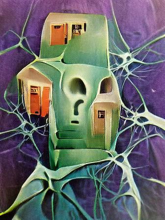 An AI-generated image in the style of a 1960s science fiction paperback depicting three red doors within a green portal. 