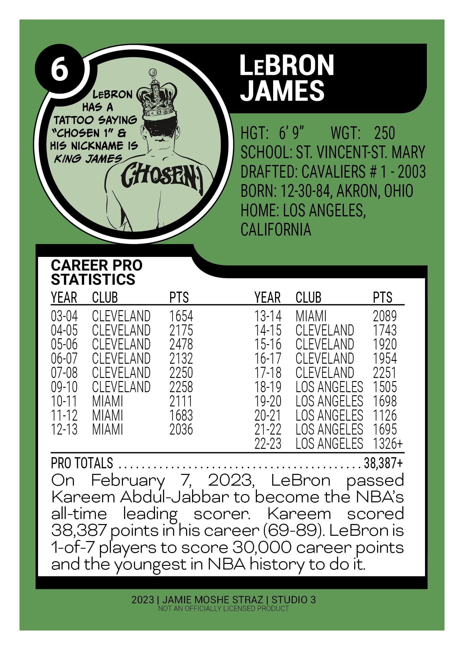 LeBron James stats trading card by Jamie Moshe Straz