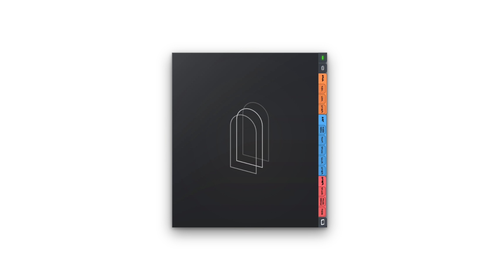 The Studio 3 Catalogue: a closed notebook with arches on the cover and tabs on its edge