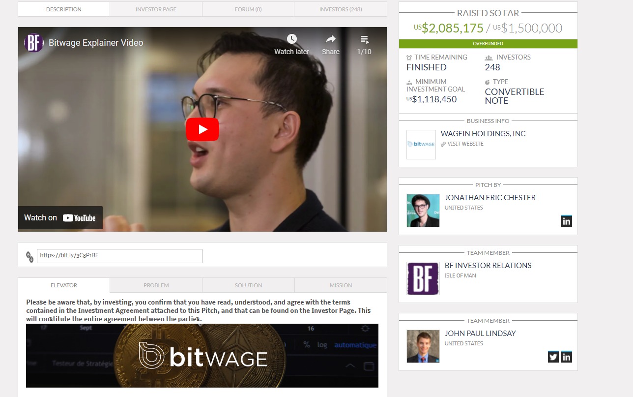 Bitwage levanta 1.5 milhões de dólares em 55 horas