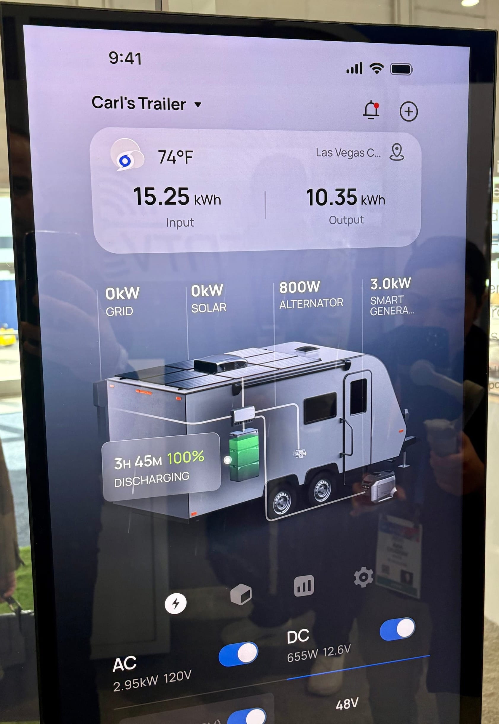 Picture of screen showing an energy management app labeled āCarlās Trailer,ā with real-time power input/output readings, battery status, and a 3D trailer graphic indicating various power sources and consumption levels.