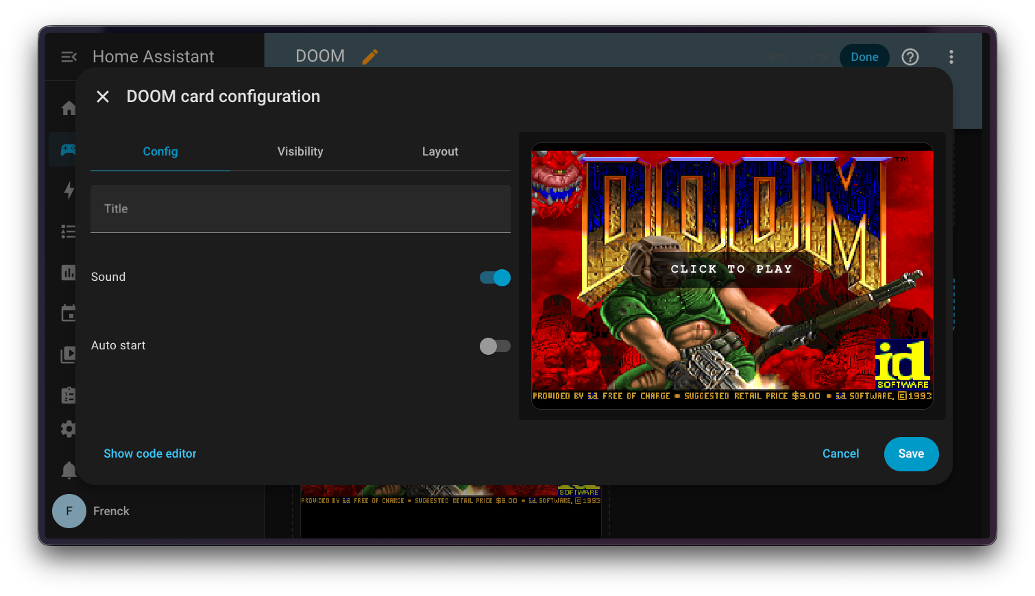 Home Assistant DOOM card editor showing title, sound, and auto start options with a live preview of the DOOM start screen