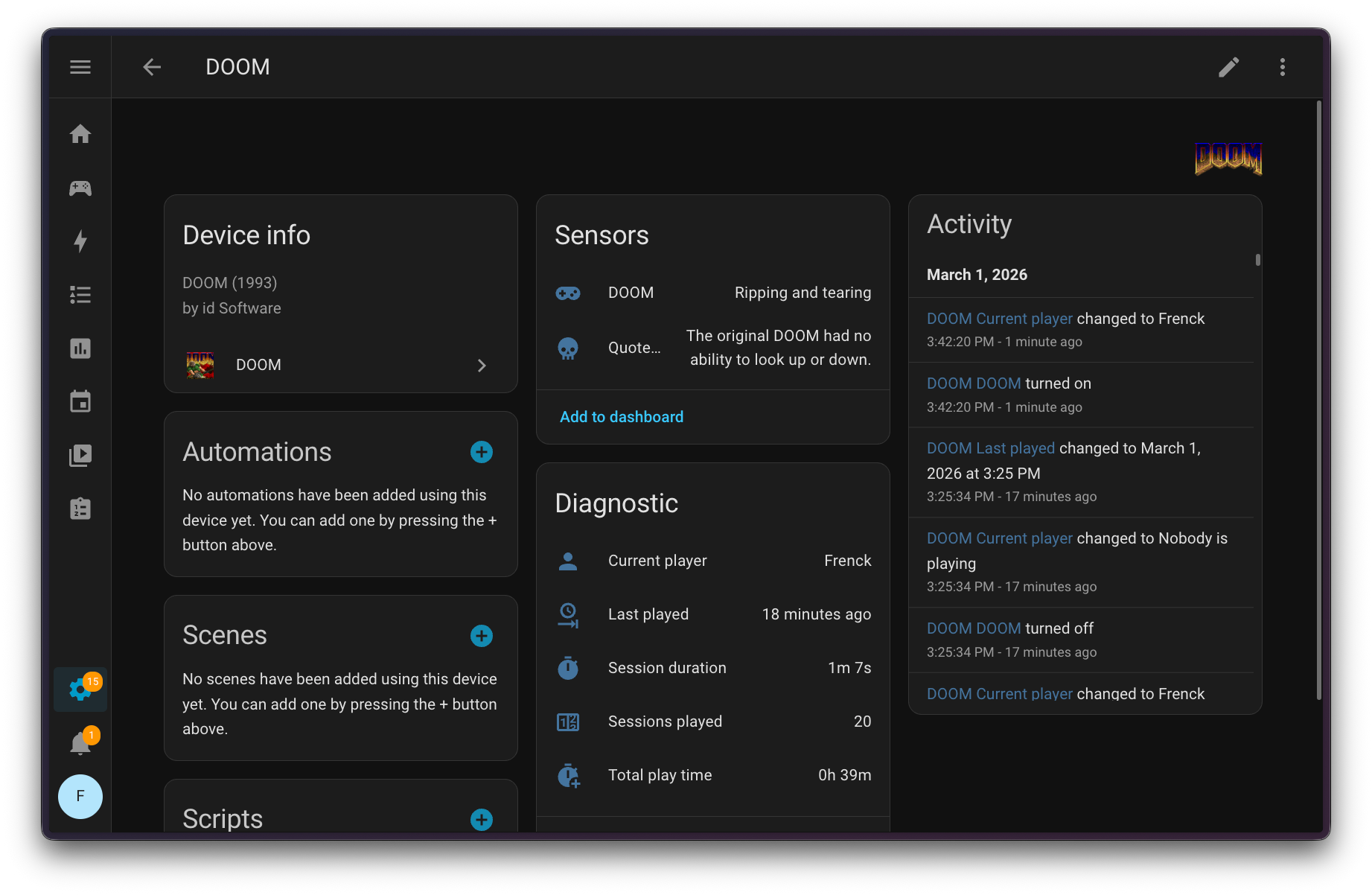 DOOM device page in Home Assistant showing sensors, diagnostics, session tracking, and activity log