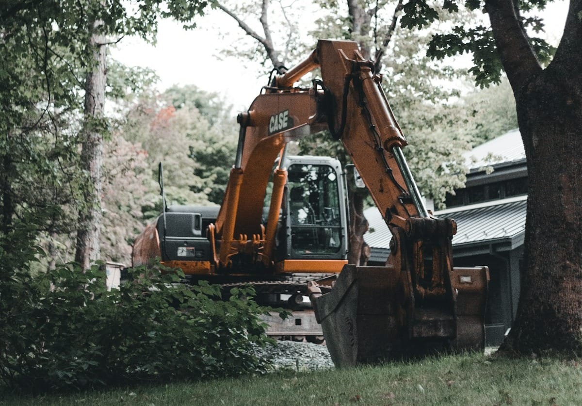 Yellow and black excavator near green trees during daytime.