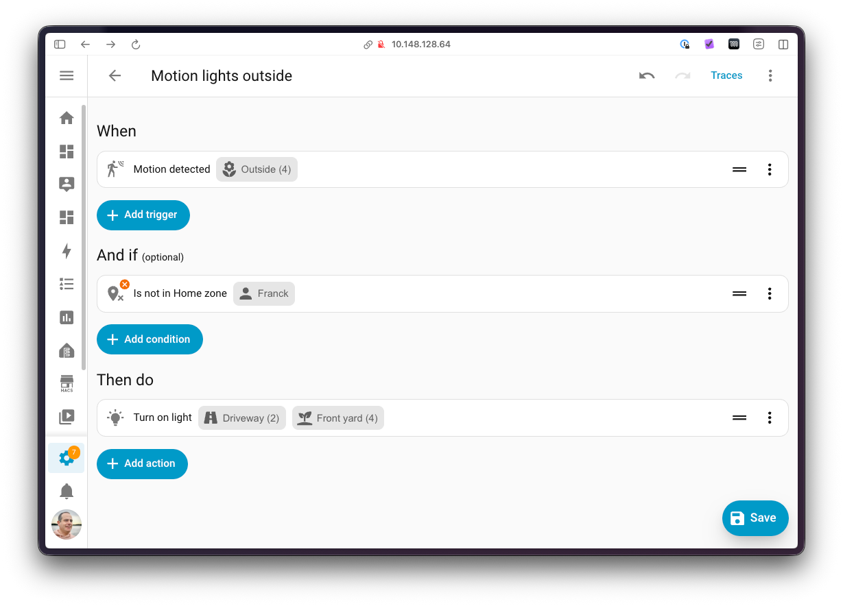 Home Assistant automation editor: motion outside triggers driveway and front yard lights when Franck is away