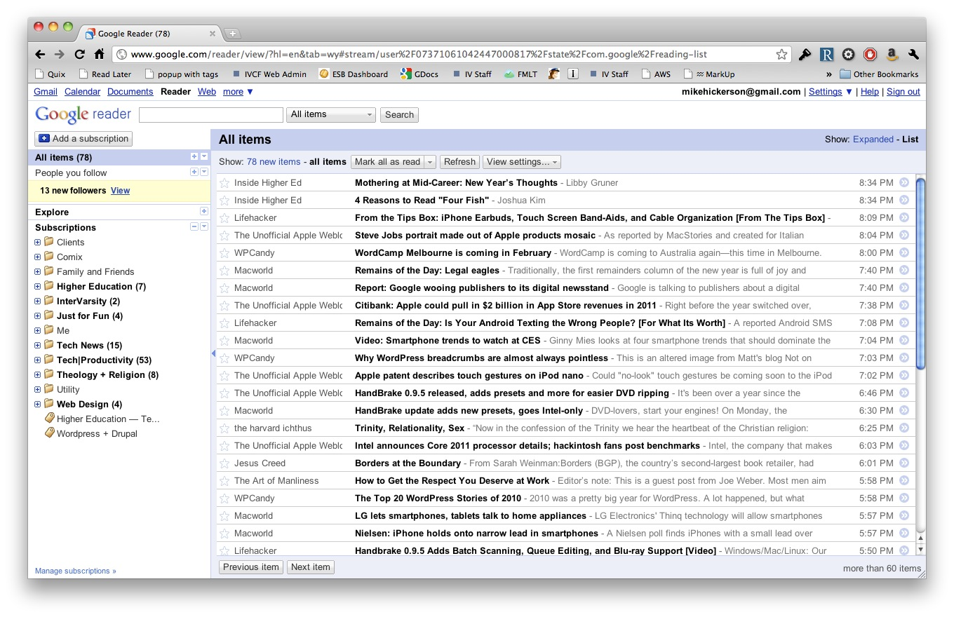 Screenshot showing the Google Reader interface. Showing news items for website one would have been following, like an email inbox.