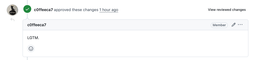 Screenshot of GitHub showing c0ffeeca7 approved my pull request with an "LGTM"!