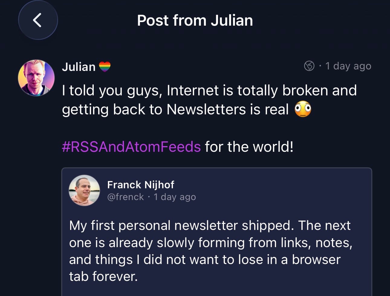 Screenshot of a Mastodon post saying the internet is broken and getting back to newsletters and RSS feeds is real, quoting Frenck’s newsletter announcement.