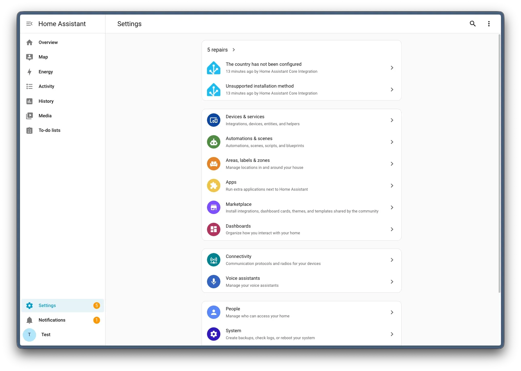 The Home Assistant Settings page. Between Apps and Dashboards there is a new item called Marketplace, described as: Install integrations, dashboard cards, themes, and templates shared by the community.